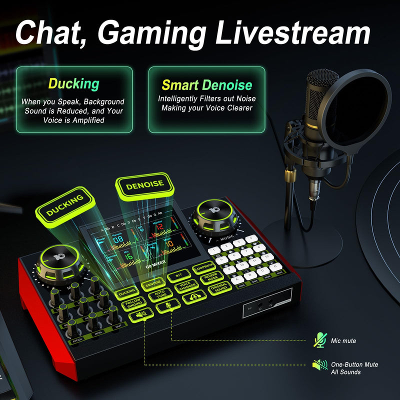 [AUSTRALIA] - Podcast Equipment Bundle Audio Mixer, Sound Board for Pc/Phone Live Streaming Singing Gaming, Podcast Mixer for 3.5/6.35mm Dynamic Microphone, Voice Changer, Denoise, One Click Mute 