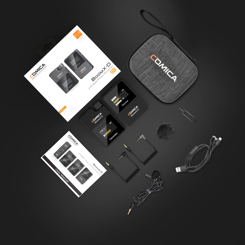 COMICA BoomX-D1 - Wireless Microphone System for Cameras, Camcorders, Smartphones, Laptops, Compact Wireless Lavalier Lapel Microphone with Noise Reduction, Low Latency, Monitoring, Muting Black