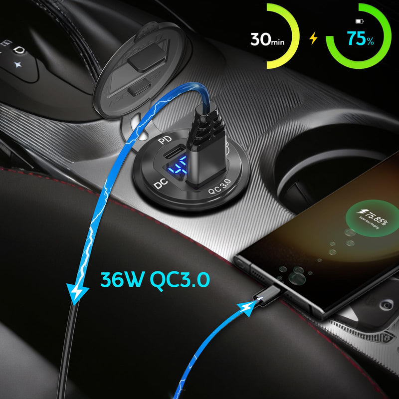 2 Pack High Voltage USB Outlet 12V 24V 36V 48V 60V Aluminum Car Charger Socket, PD 30W USB C and QC 36W Car USB Port Waterproof Cigarette Lighter Power Adapter DIY Kit with Switch for Ship Truck, etc. 2 Pack