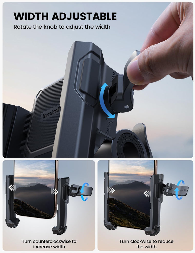 Lamicall Motorcycle Bike Phone Mount - [No Block Camera] [1s Lock] Bike Cell Phone Holder Clamp, Bicycle Scooter Handlebar Clip, Gifts for iPhone 17 16 15 14 Pro Max, Galaxy S25 Ultra, 4.7-7" Phones Black