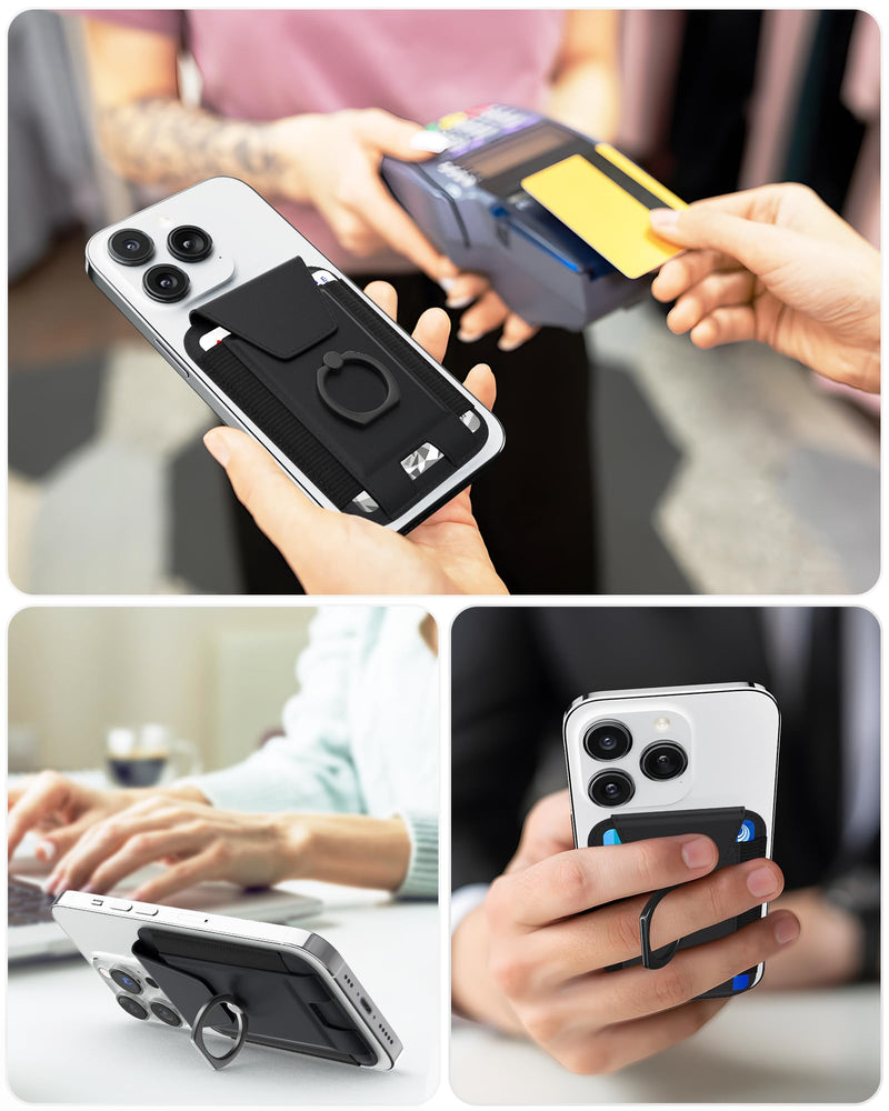 3-in-1 Magnetic Wallet with Phone Ring Stand, Compatible with Mag-Safe Wallet, Magnetic Privacy Flap, Phone Wallet with Phone Ring for iPhone 15/14/13/12 Series, 7 Cards Holder (Black) Black