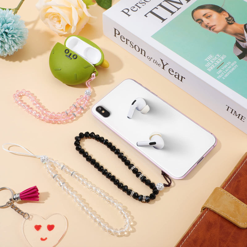 Weewooday 3 Pieces Cell Phone Lanyard Strap Phone Charm Bling Crystal Beads Hand Wrist Lanyard Strap Beaded Women's Wristlet Black, White, Pink