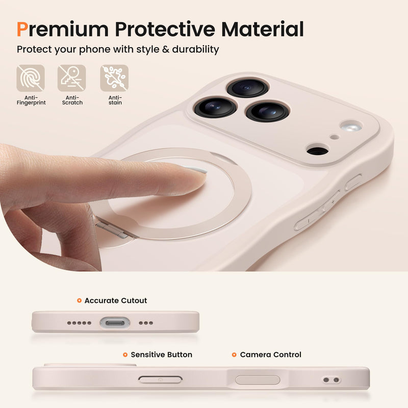 CAPRARO for iPhone 17 Pro Max Case with Magnetic Stand, Rose Gold | 360° Spin Magnetic Stand, [Compatible with MagSafe] [Full Camera Protection] Cute Wave Translucent Matte Phone Case For Iphone 17 Pro Max (6.9 Inch, 3 Lens)