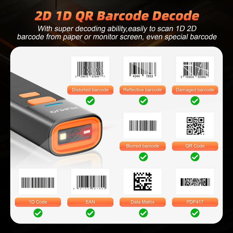 Wireless Barcode Scanner Mini Bluetooth 1D 2D QR Bar Code Scanner 3-in-1 Bluetooth & 2.4G & USB Wire Barcode Reader Compatible with Windows Android iOS Tablet PC (with Charging Dock)
