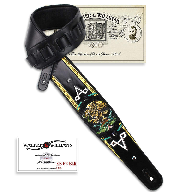[AUSTRALIA] - Walker And Williams KB-52-BLK Handmade Heritage Series Black Leather Guitar Strap With Hand Carved And Painted Mexican Coat Of Arms Design For Acoustic, Electric, And Bass Guitars 