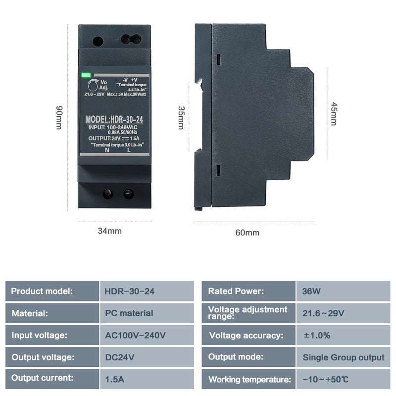 Jadeshay DIN Rail Power Supply 24 V 1.5 A 30 W DIN Rail Power Supply 12 V HDR-30-12 30 W 24 V 1.5 A Switching Power Supply DIN Rail Transformer AC/DC Single Phase Transformer HDR-30W-24V1.5A