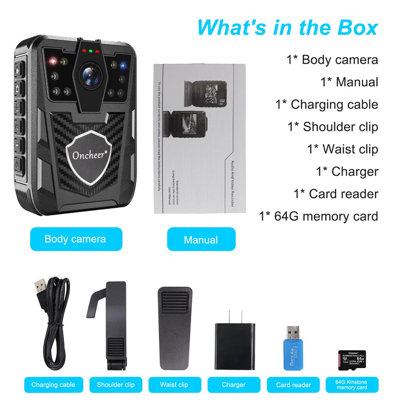 1080P Body Camera, Police Body Cam with 12H Continous Record, 64G SD Card, Shoulder and Waist Clips, Lightweight Personal Body Worn Cameras for Law Enforcement, Security Guards, Cycling Trip