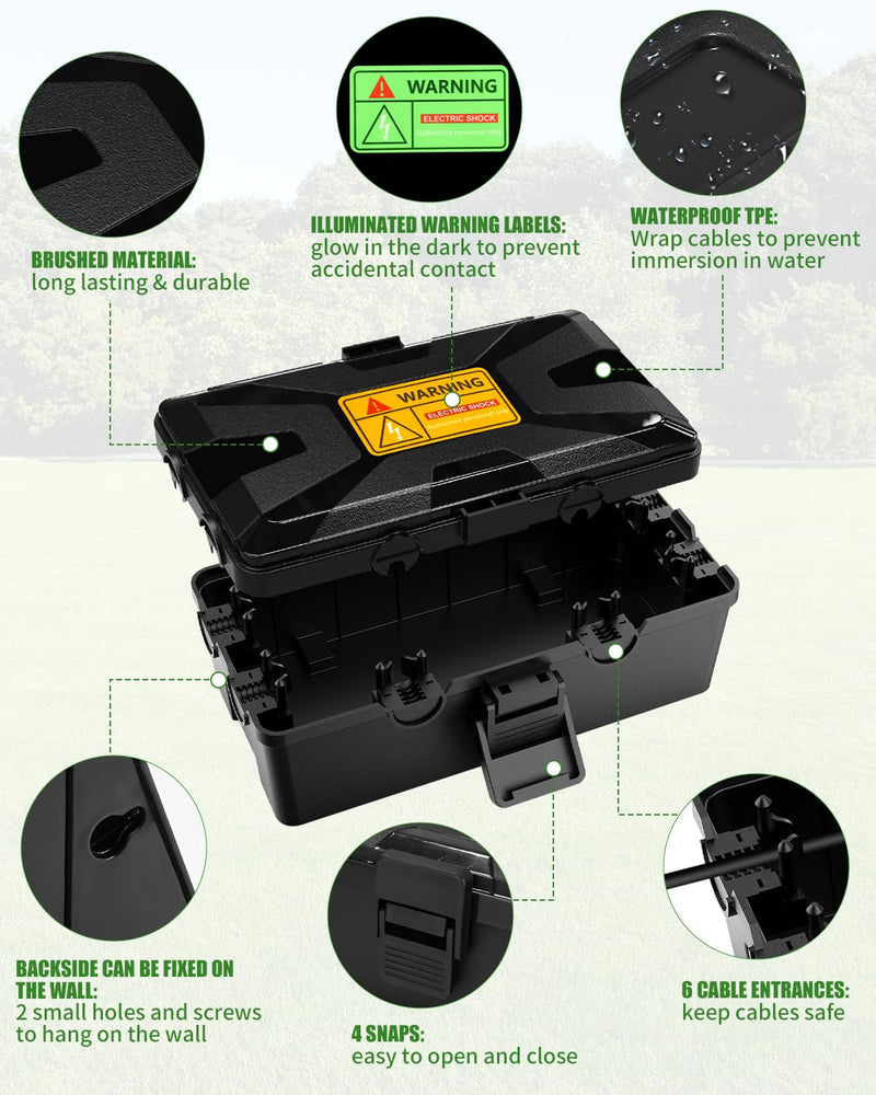 Waterproof Cable Box, 26.1 x 15 x 9.4 cm, Outdoor Cable Safe Box, Cable Box, Cable Box, 6 Cable Inputs and Outputs, Weatherproof Connection Box Covers, Protect Socket, Timer, Holiday Light, Black black + 26 x 15 x 9.4 cm