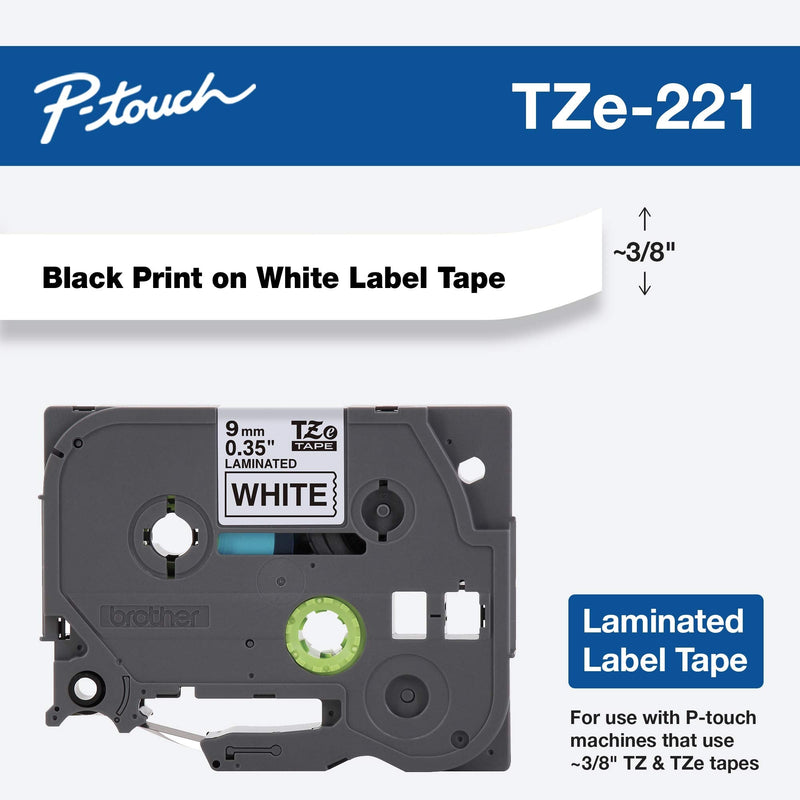[AUSTRALIA] - Brother Genuine P-touch TZE-221 Tape, 3/8" (0.35") Standard Laminated P-touch Tape, Black on White, Laminated for Indoor or Outdoor Use, Water Resistant, 26.2 Feet (8M), Single-Pack 3/8" 