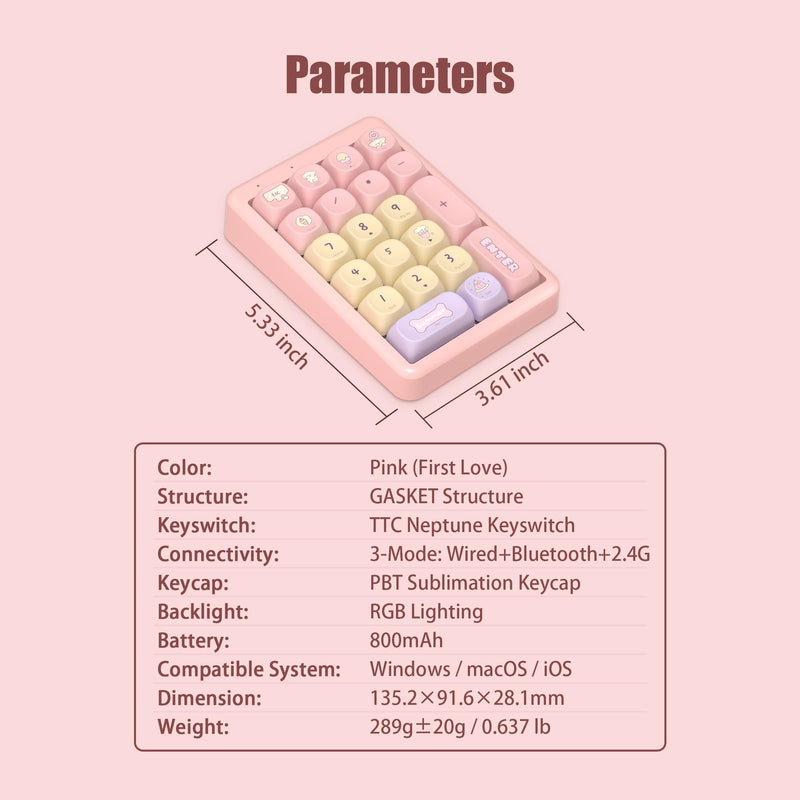 Wireless Number Pad Keyboard Mechanical Numpad Numeric Keypad for Laptop | Bluetooth Creamy 10 Key RGB Portable Cute Financial Accounting Rechargeable for Windows, PC, BT5.0/2.4G, Pink S21