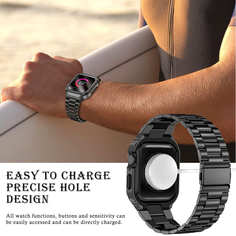 MioHHR Stainless Steel Band and Case Compatible with Apple Watch Band 45mm | Men Metal Protective Bumper Cover with Straps for iWatch 45mm Series 9/8/7, Black 45mm(Series 9/8/7)