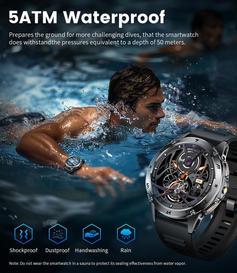 LIGE Military Smart Watch for Men iPhone Android 1.43" HD Amoled Rugged 120+ Sport Modes IP68 Waterproof Answer/Make Call Fitness Running Heart Rate Blood Pressure Health Mens Smartwatch EF6-E Gun Black Black