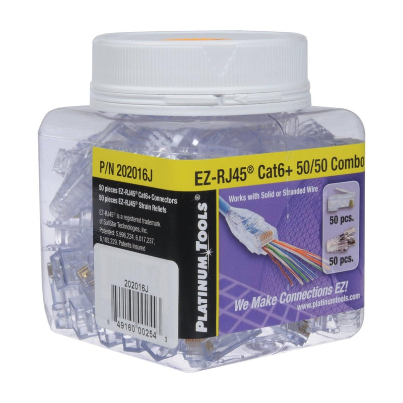 Platinum Tools 202016J EZ-RJ45 Cat6 50/50 Combo, Modular Connector for Ethernet Cable Termination, 100 per Jar Connector&Strain Relief