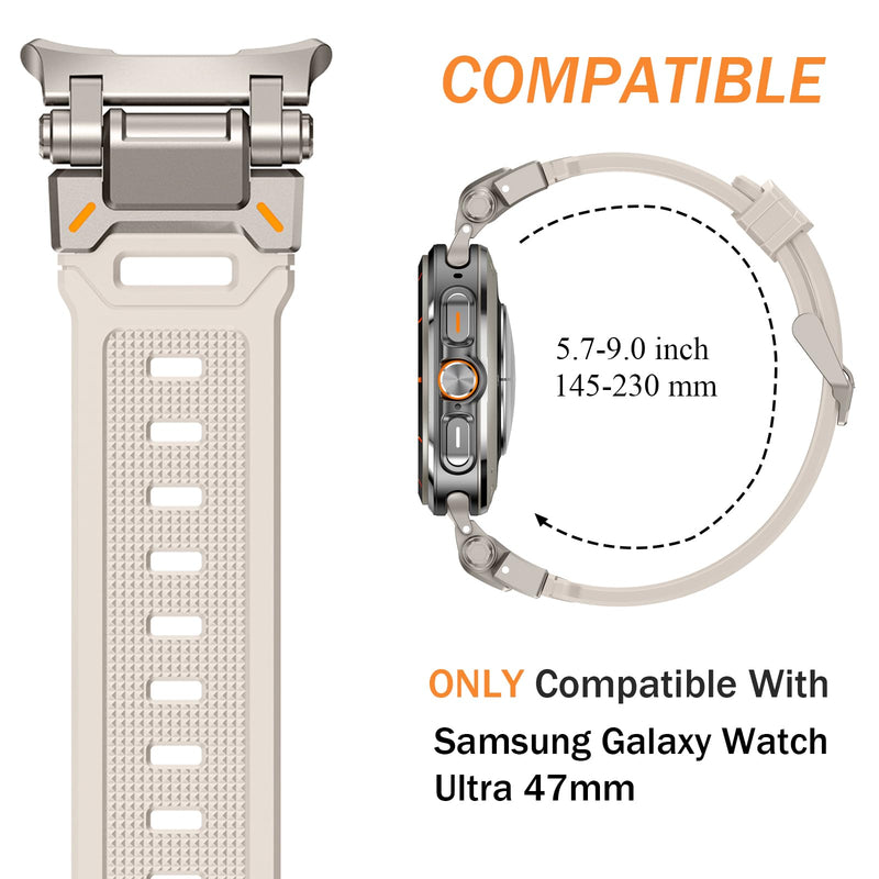 Silicone Bands for Samsung Galaxy Watch Ultra 47mm Band, Rugged Luxury Sport Strap for Men, with Metal Connectors & Foldable Buckle & Pin Buckle (Starlight Grey)