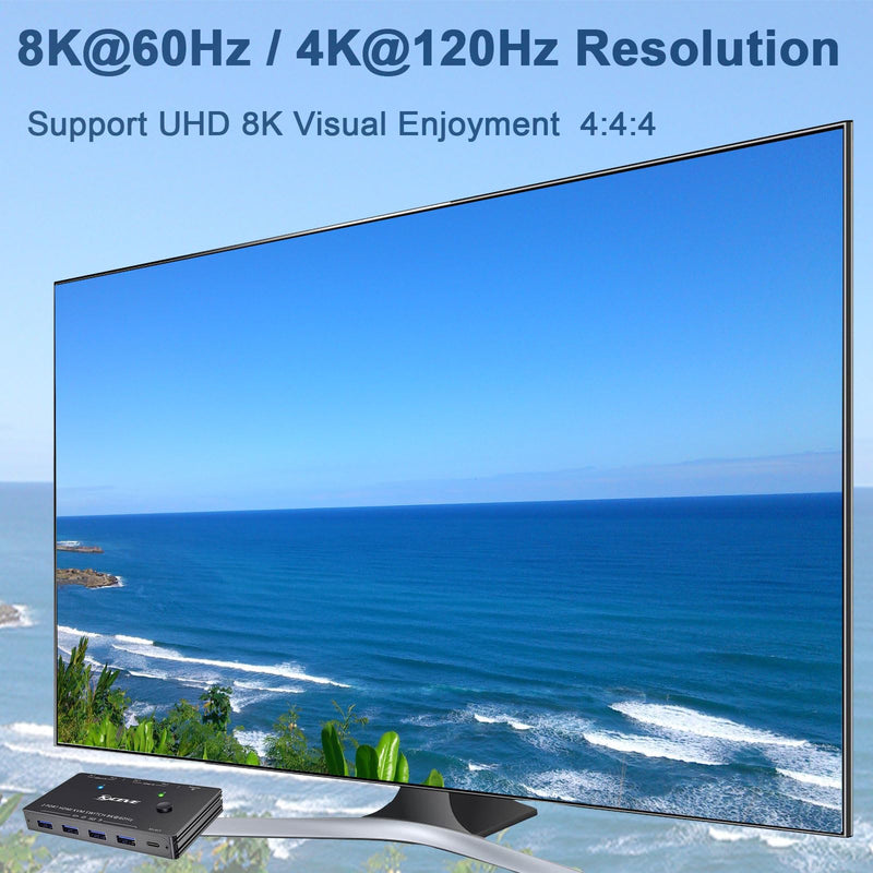 KCEVE HDMI2.1 KVM Switch 2 Computer 1 Monitor 8K@60Hz | KVM Switch HDMI 2 Port with 3 USB3.0, Wired Remote and Power Adapter (8K HD 2 in 1 Out KVM) Black 11cm 8K HDMI 2 in 1 Out KVM