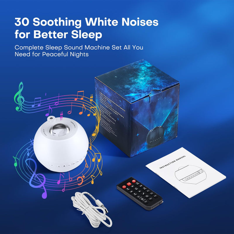 Sound Machine Light Projector, 30 Sleep Sounds for Adult, Bluetooth Speaker | 3-in-1 Baby Sound Machine: 30 sleep sounds (white/brown noise, fans, rain), Bluetooth 5.3 speaker & 15-color light projector.