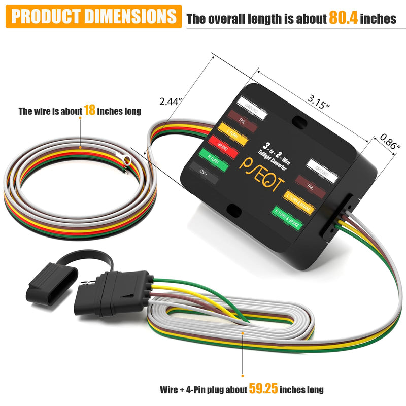 [AUSTRALIA] - PSEQT 3-to-2-Wire Splice-in Trailer Tail Light Converter with 4-Pin Flat Plug Wiring Harness Waterproof for Tail Side Clearance Brake Stop Turn Signal Lights, Used in Trailer Truck Van RV ATV, 1Pcs 
