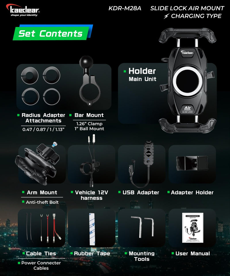 Kaedear Qi Wireless Charging Motorcycle Phone Mount, IP66, KDR-M28A | Qi wireless charging, USB charging, vibration absorption, IP66 waterproof, quick release, locking system, slide-lock design