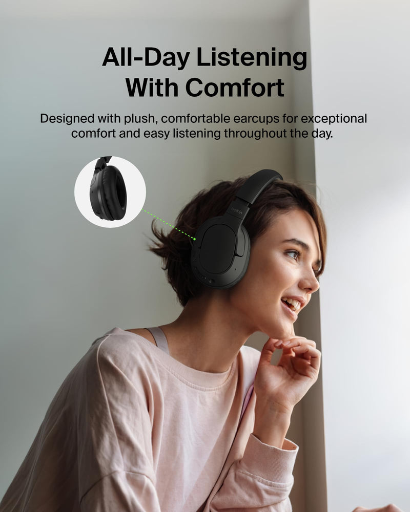 Belkin SoundForm Surround Wireless Over-Ear Headphones | Over-ear Bluetooth headphones, foldable design, recycled materials, multipoint, travel, home, office, commute Black
