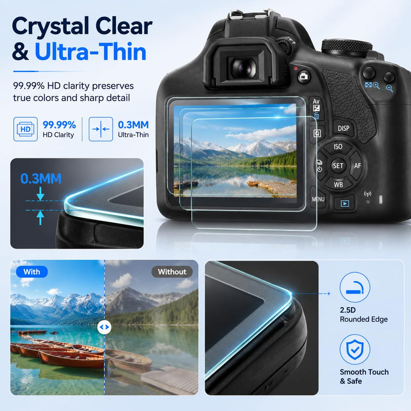 Screen Protector For Canon EOS Rebel T7 T6 T5 [3-Pack] Tempered Glass | Clear 9H Tempered Glass Screen Protector for Canon Eos Rebel t6. Slim 0.3mm Touch, With 3-pack And Storage Case