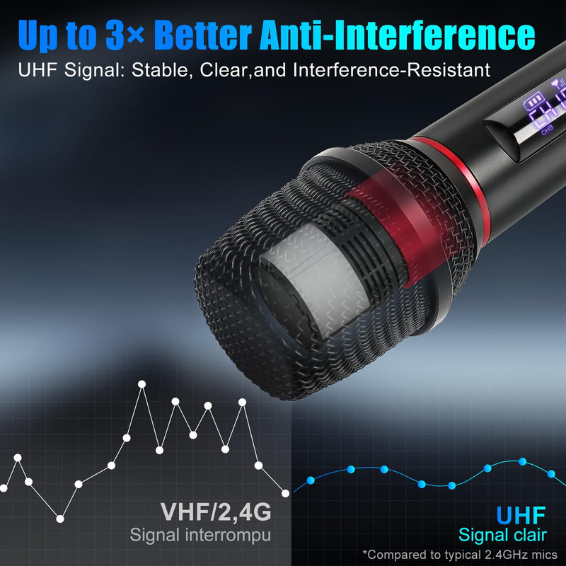 Wireless Microphone System for Karaoke, Dual UHF Metal Wireless Mic with Rechargeable Receiver, for PA System, Speaker, Party, DJ, Wedding, Church (Black) Black