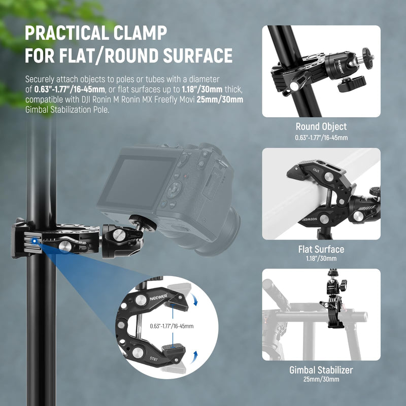 Neewer Super Clamp with Ballhead, Cold Shoe, Phone Holder and Action Camera Mount Adapter for Flat/Round Surface Compatible with GoPro DJI iPhone 15 Pro Max, ST87