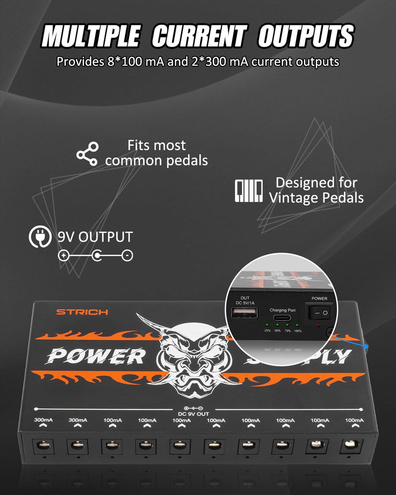 STRICH SPS-40B Pedal Power Supply with Built-in 10000mAh 10 Outputs DC 9V (2x300mA, 8x100mA) Jacks for Guitar Bass Pedals, Rechargeable Battery Guitar Effect Pedal Power, 5V/1A USB Port, Noiselessly