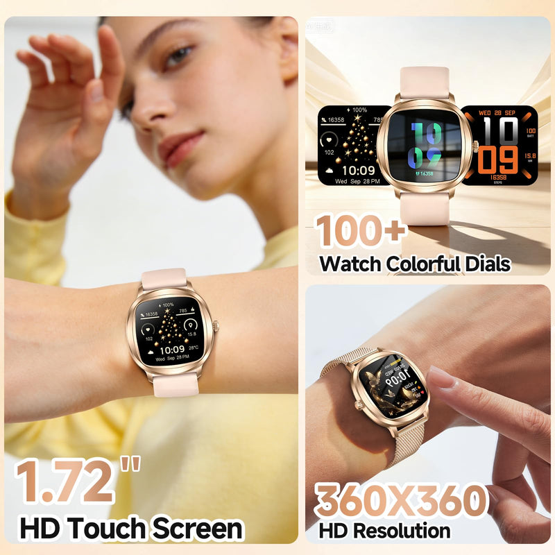 Smart Watch for Women, 1.72" Fitness Tracker with Answer/Make Calls, Sleep/Heart Rate Monitor, Smartwatch for Android iOS Support 100+ Sports Modes, IP68 Waterproof, Fitness Watch with 2 Band (Gold)
