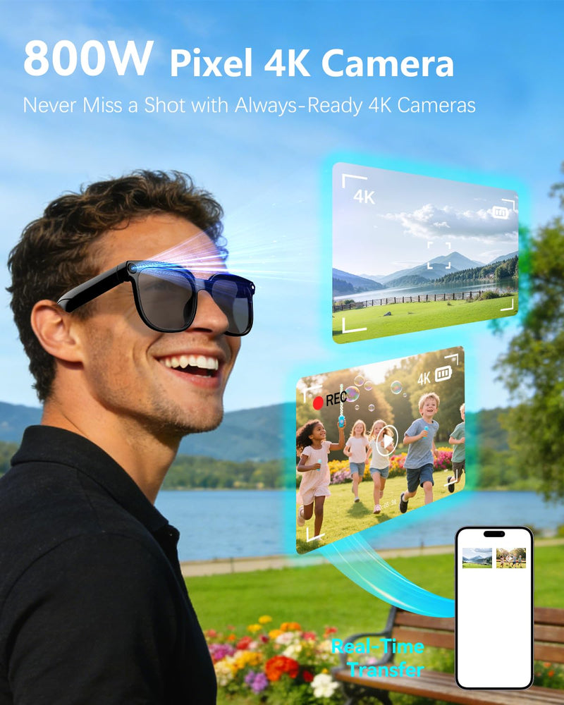 AI Smart Glasses with 8MP Camera, 4K Video and 139-Language Translation | Photochromic Lens, Audio Recording, Object Recognition, ChatGPT Assistant,Hi-Fi Audio,IPX5 waterproof,Gift Selection Deep Black