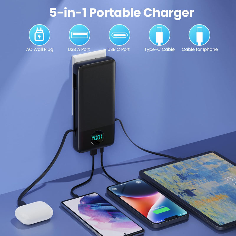 Portable Charger 33800mAh USB C Power Bank with Built-in Cables & AC Wall Plug,25W Fast Charging+QC 4.0 Phone Charger,4 Output LCD Display Battery Pack Compatible with iPhone16/15,Samsung,Android etc Black