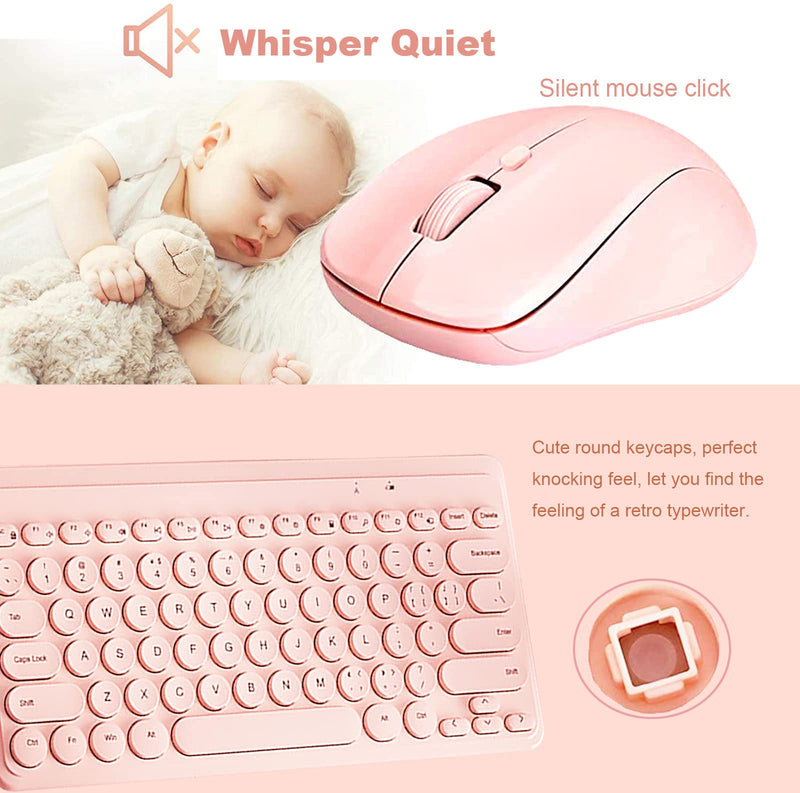 Compact Keyboard MouseCombo,JieruiDeng 79-Key Retro Mini Cute Computer Keyboard 2.4G USB Wireless and Silent Mice Set for Laptop Desktop PC iPad (Pink) Pink