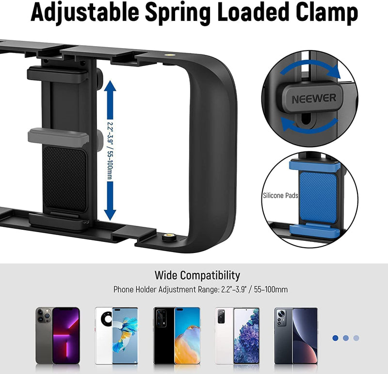 NEEWER Smartphone Video Rig, Phone Grip Stabilizer Vlogging Cage with Cold Shoe&1/4” Thread, Video Recording Filming Rig Compatible with iPhone 14 Plus/Pro Max 13 Mini/Pro Max X XS Max XR Android