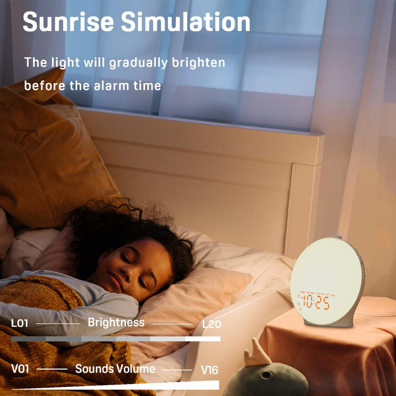 Wake Up Light Sunrise Alarm Clock for Kids, Heavy Sleepers, Bedroom, Full Screen with Sunrise/Sunset Simulation, Fall Asleep, Dual Alarms, FM Radio, Colorful Nihgt Lights, Natural Sounds, Wood Grain