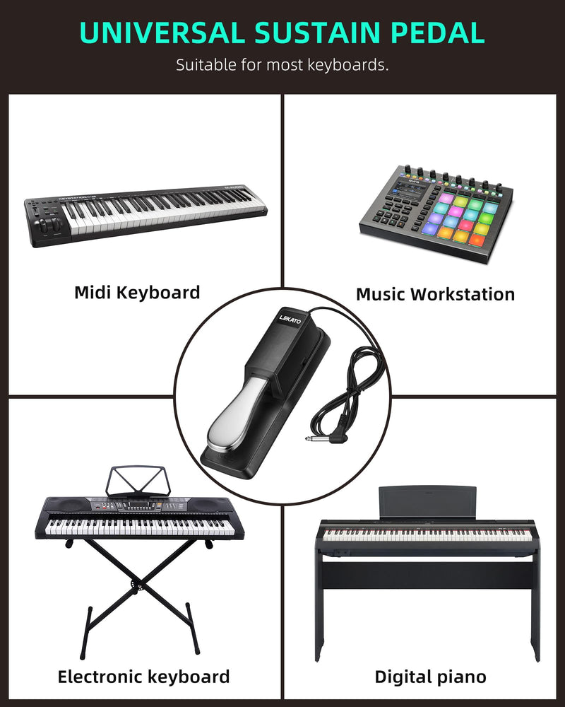 LEKATO Universal Sustain Pedal for Keyboard with Polarity Switch, 1/4'' 6.35mm TS Plug with 1/8" 3.5mm TRS Adapter, Fit for Digital Piano Electric Keyboards Midi Synthesizer 6.35MM Plug & 3.5MM Adpater