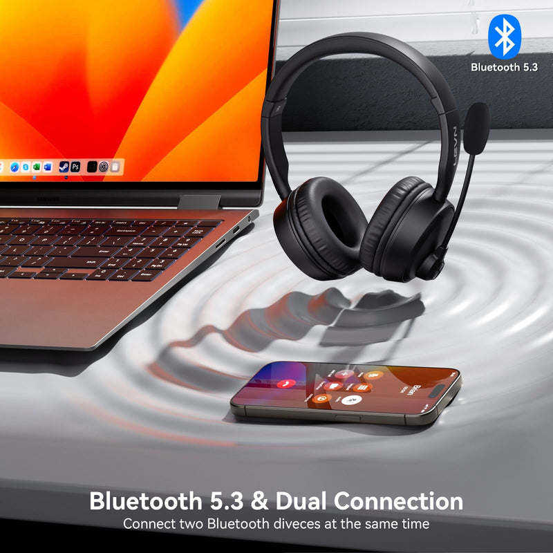 [AUSTRALIA] - LEVN Bluetooth Headset with Microphone, 60 Hrs Working Time Dual Connection Bluetooth Headphones with Mic, Wireless Headset with Mic for Work/Video Meetings/Phone/Call Center/PC/Music/Zoom/Teams 