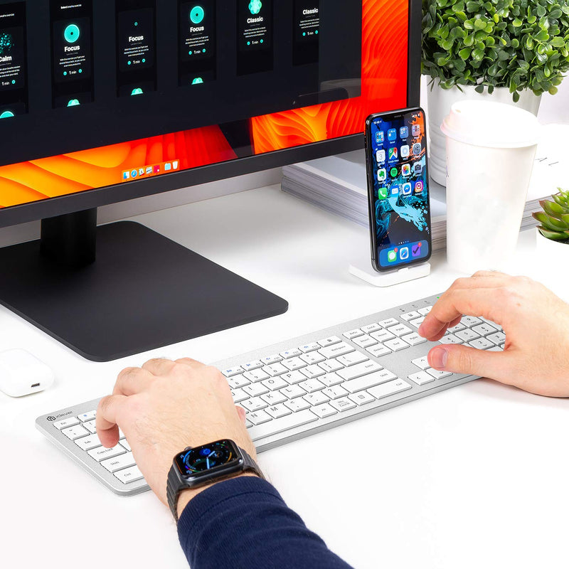 iClever GK08 Wireless Keyboard and Mouse - Rechargeable Keyboard Ergonomic Quiet Full Size Design with Number Pad, 2.4G Stable Connection Slim White Keyboard and Mouse for Windows Mac OS Computer Silver