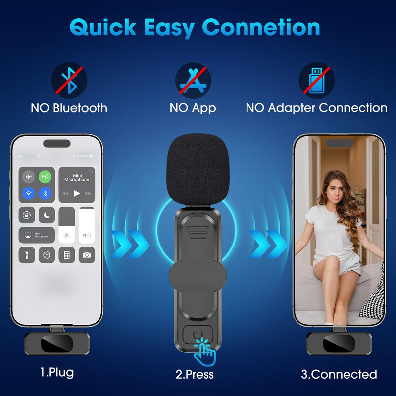 Wireless Lavalier Microphone for iPhone 15,Android Phone,Laptop,PC,Professional Mini Microphone with Noise Reduction,Lapel Microphone for Video Vlog,Interviews,Live Streaming,TikTok,YouTube,2Pack