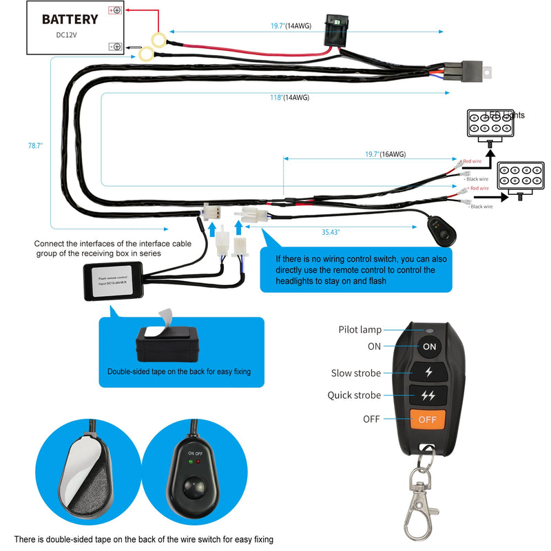 [AUSTRALIA] - LED Lights Bar Wire Harness Kit with Remote Control 2Leads DC12V 40A Fuse Relay 14AWG 3.5M/11.5FT Wiring Harness Kit fit for LED Work Lights Driving Fog Lights bar Max Support 300W 2Leads with Remote Control 