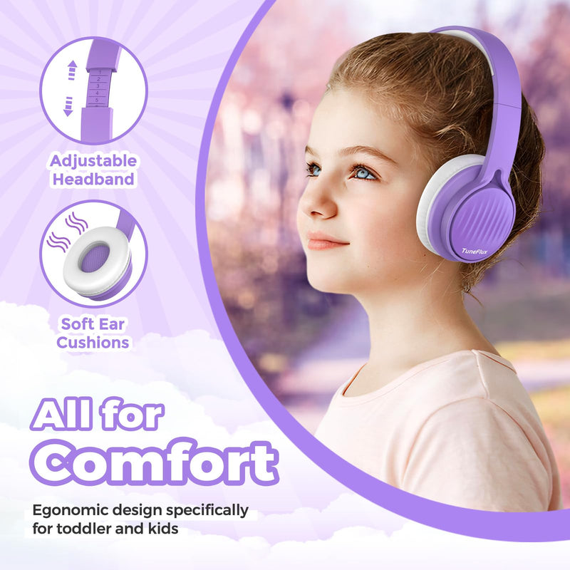 [AUSTRALIA] - TuneFlux Upgraded Kids Headphones, Wired Toddler Headphones, 85dB Limited Volume On Ear Headphones, Portable Foldable Design, Stereo Sound Kids Headphones for School/Tablet/Travel-Purple Purple 
