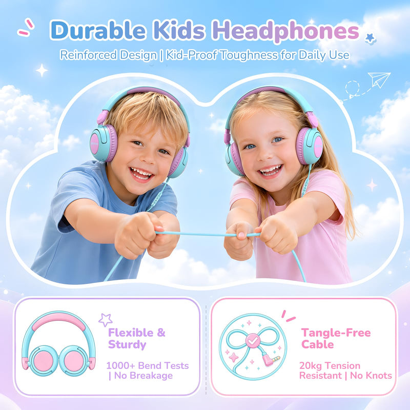 IMYB V8 Kids Headphones for School, Wired HD Mic 3-15 Year for Girls Boys | 85/94dB Volume Limit Safe Over-Ear Toddlers Durable Foldable Cord for iPad Tablet PC, Travel Airplane (Blue) Blue
