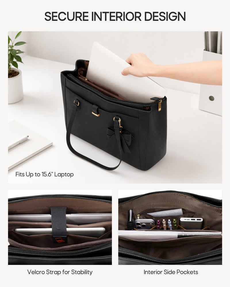 RAINSMORE 15.6" Laptop Tote Bag for Women, Black | Large Capacity Work Bag, Water-Resistant Soft PU Leather, 15.6 Inch Computer Briefcase Handbag for Office College Teacher