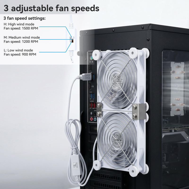aceyoon 120mm Dual USB Computer Cooling Fan 3 Speed Adjustable 5V Receiver Cabinet Ventilator Max 1500RPM Painted Metal Mesh USB PC Heatsink Blower with 8 Silicone Pads for Laptop/Receiver/Xbox