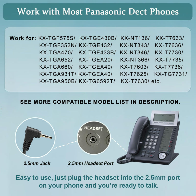 Phone Headset with Microphone Noise Cancelling & Volume Controls, 2.5mm Office Telephone Headphone for VTech Panasonic KX-TGE633M TGF352N Cisco SPA504G 508G AT&T ML17929 RCA Cordless Landline Phones Black