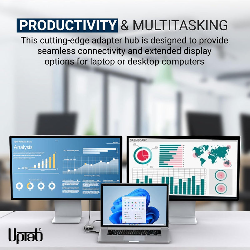 uptab USB-C to Dual DisplayPort Adapter Hub, 4K 60Hz MST Multi-Monitor | Plug-and-play, driver-free; requires TB3/TB4/USB4 or DP Alt Mode; extend or mirror 2 monitors; laptops, Chromebooks