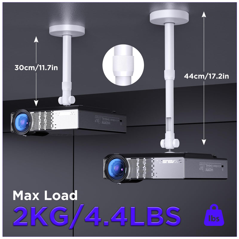 [AUSTRALIA] - DAWASAPAT Projector Mount for Ceiling/Wall - ¼-Inch Screw Adjustable Tilt&Swivel Hanging Wall Mount Hanger Rack with Extension Pole for Mini Projector with Cable Ties White 