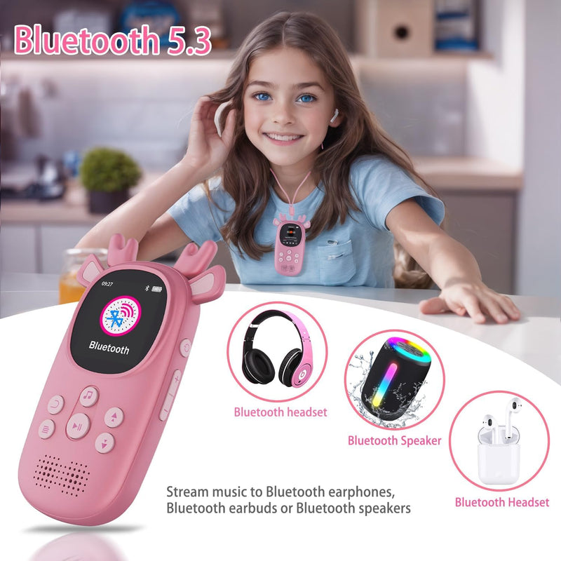 [AUSTRALIA] - 64GB MP3 Players for Kids, Cute Reindeer Portable Music Bluetooth Kid MP3 Player, Child MP3 Player with Bluetooth 5.3,Speaker, FM Radio, Alarm Clock, Voice Recorder, Stopwatch (Support up to 128GB) 64GB Pink 