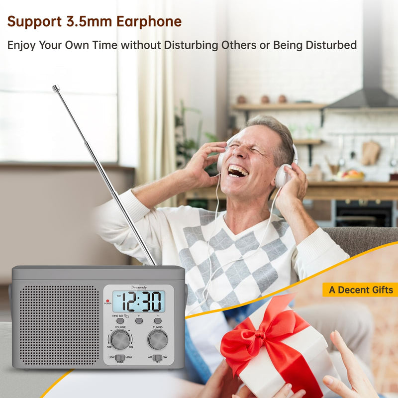 DreamSky AM FM Radio Portable - Shortwave Radio Battery Powered or Plug in Wall for Home Outdoor, Strong Reception, Large Dial Easy to Use, Digital Time Display, Transistor Antenna, Seniors Small Gift Grey