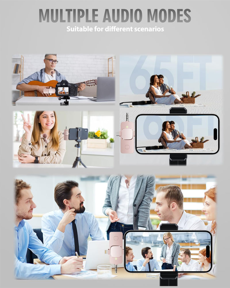 [AUSTRALIA] - PQRQP 3 in 1 Wireless Lavalier Microphone for iPhone, iPad, Android, Camera, Mini Microphone, 7-Hour Battery, High Definition Sound Quality for Interview, Video Podcast, Vlog (Pink) Pink 