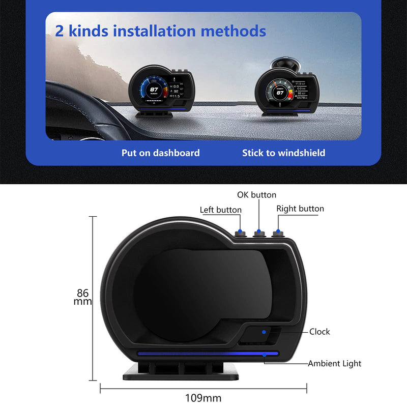 GPS Speedometer for Car, Head Up Display for Car with OBD2 & GPS Digital Speedometer Dual System HUD Car Speedometer MPH with Mileage, Water Tem, Vlt, Mileage, Overspeed & Fatigue Driving Alarm, RPM