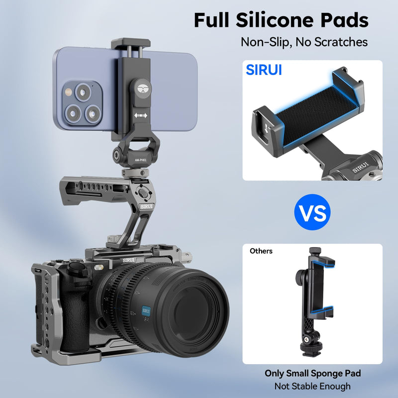 Sirui Metal Phone Holder with Cold Shoe Base for Camera Mount, Universal Tripod Smartphone Clamp with 3 Cold Shoes, Adjustable Cellphone Tripod Mount for iPhone 16 15 14, etc. Gunmetal, AM-PH01